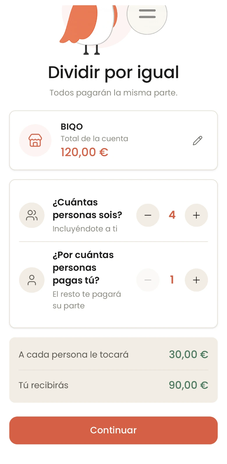 Biqo dividiendo 120 euros entre cuatro personas