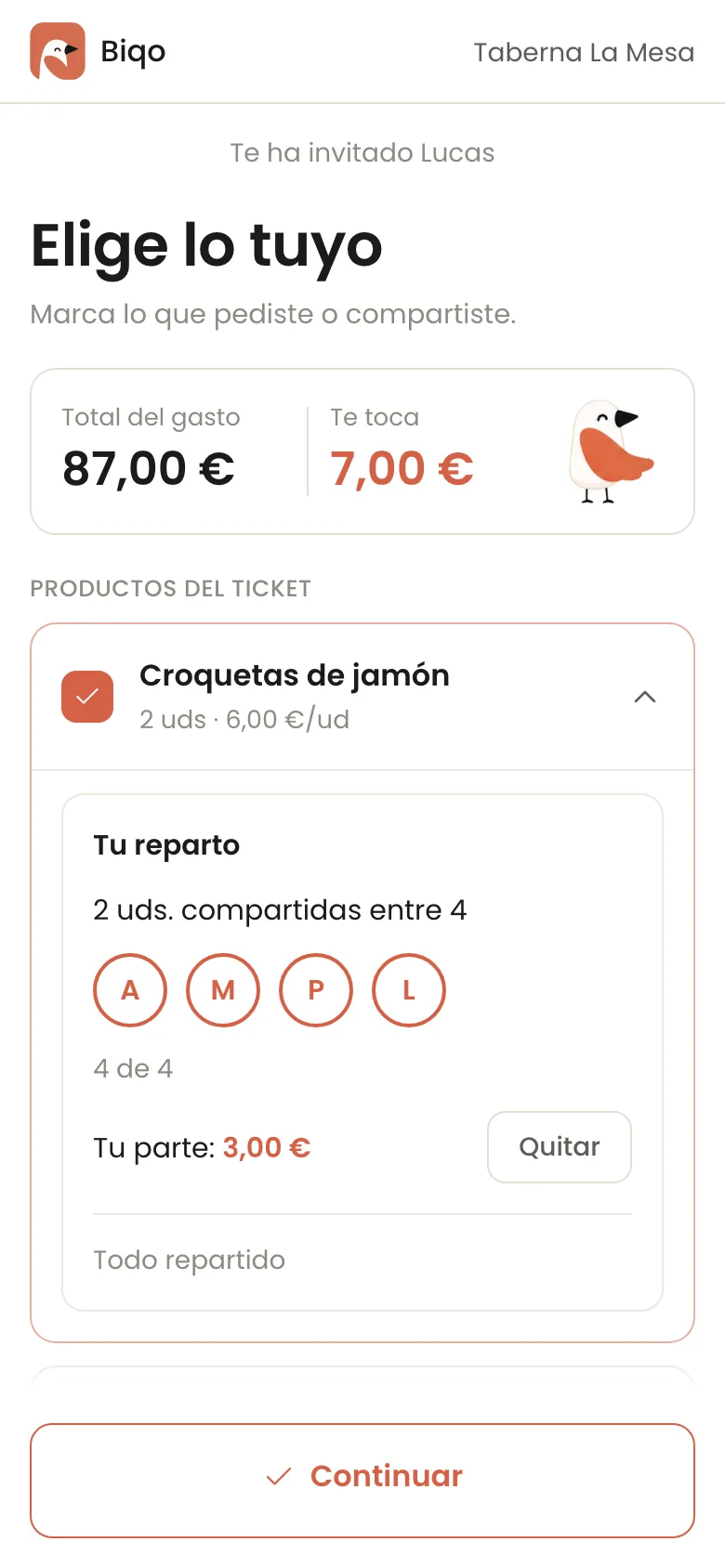 Pantalla de Biqo donde una persona marca un producto compartido
