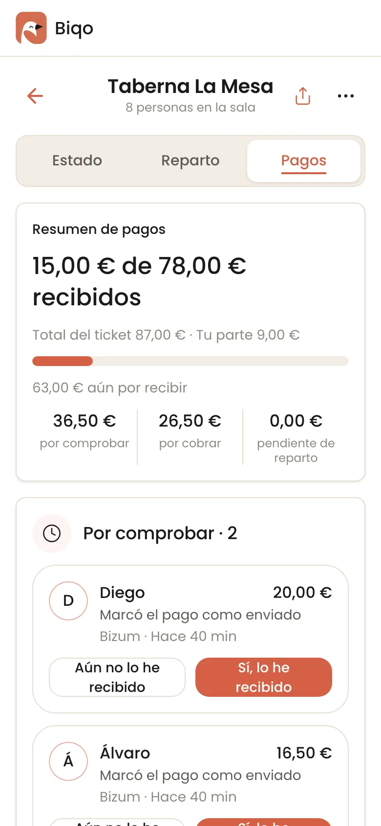 Seguimiento de pagos pendientes, enviados y recibidos en Biqo