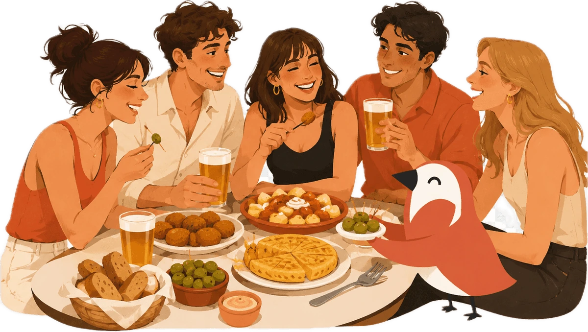 Cinco amigos compartiendo tapas y cañas en una mesa, con el pájaro de Biqo entre ellos.