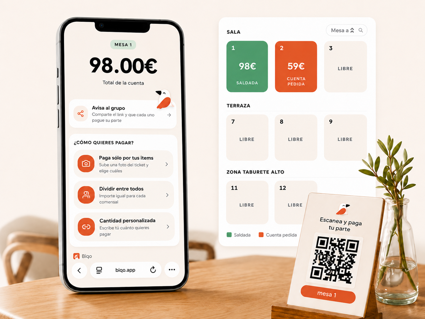 Cierre de mesa con Biqo: el comensal paga 98€ desde su móvil mientras el restaurante ve en el dashboard cuánto queda pendiente, junto al soporte QR de la mesa