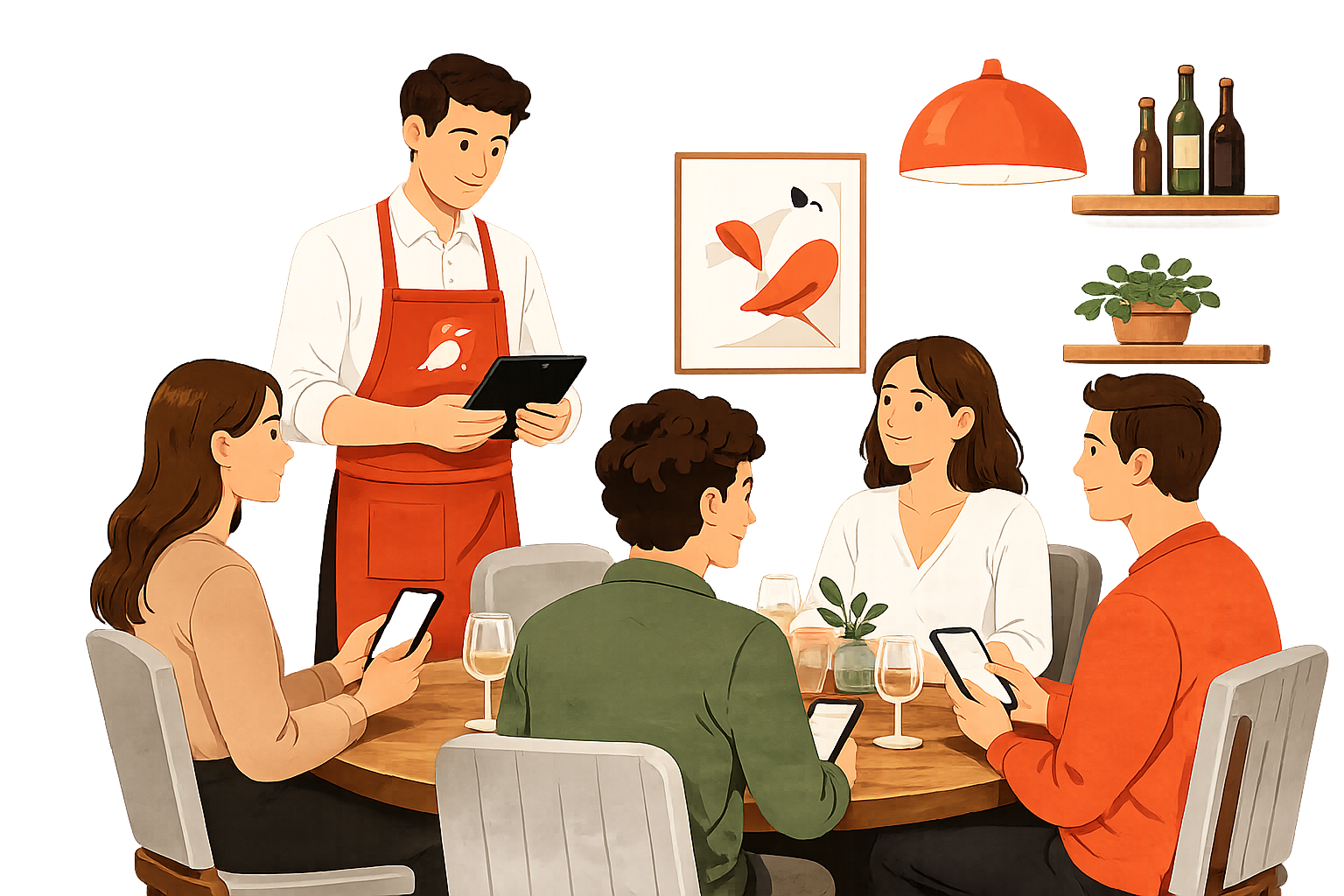 Camarero con tablet atendiendo a un grupo de cuatro personas en una mesa de restaurante, cada una con su móvil en la mano